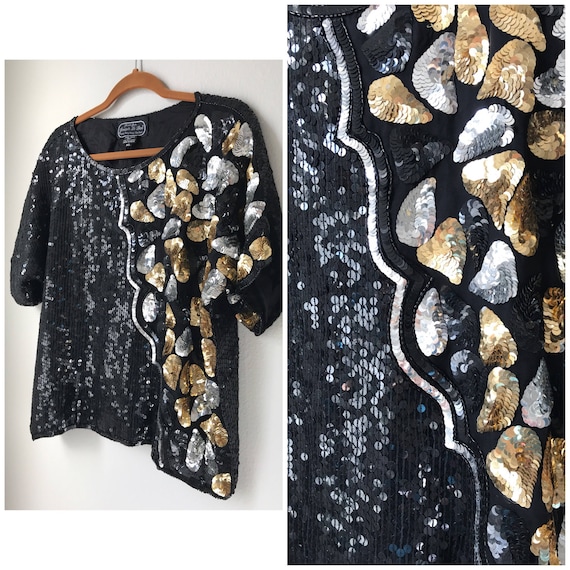 XL Gold silver and black sequin top t-shirt - image 1