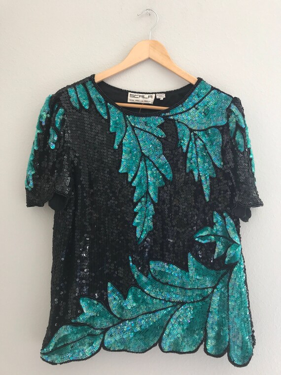 LARGE Tropical leaf pattern sequin shirt, vintage… - image 4
