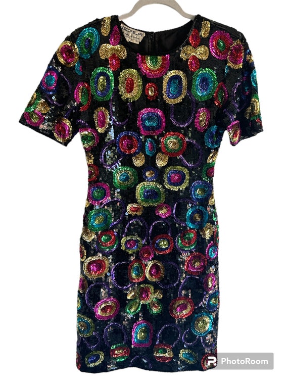 Fun colorful sequin dress with circle pattern