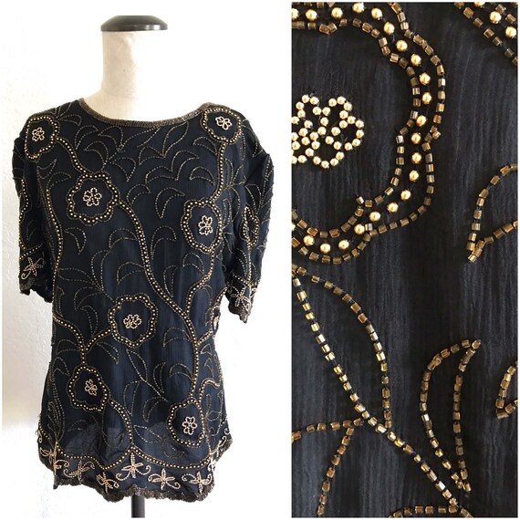 Vintage Sequin Gold Top on Black Silk | Extra Lar… - image 2