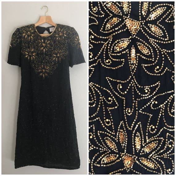 Small Gold Beaded Vintage Dress, sequin dress, gol