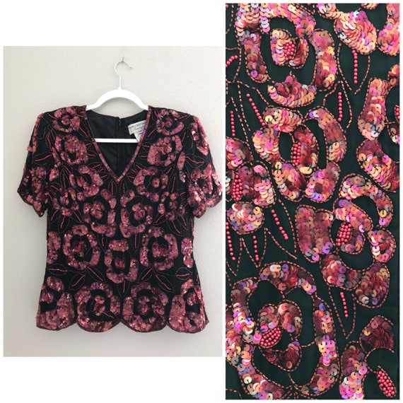 Pink/ red floral sequin top , holiday sequin top,