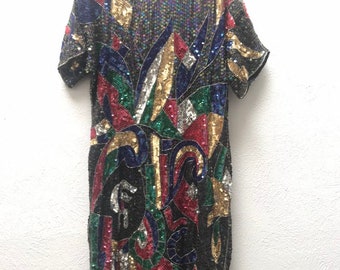 LARGE Abstract pattern sequin dress vintage