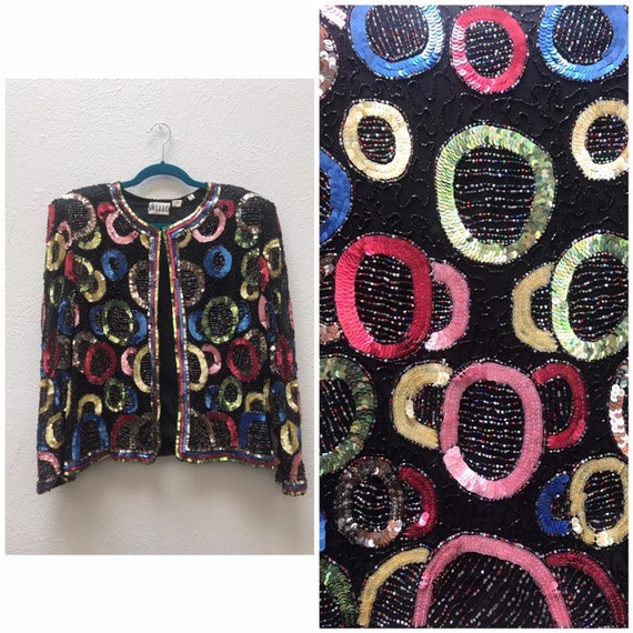 Large vintage sequin cardigan with circle pattern - image 1