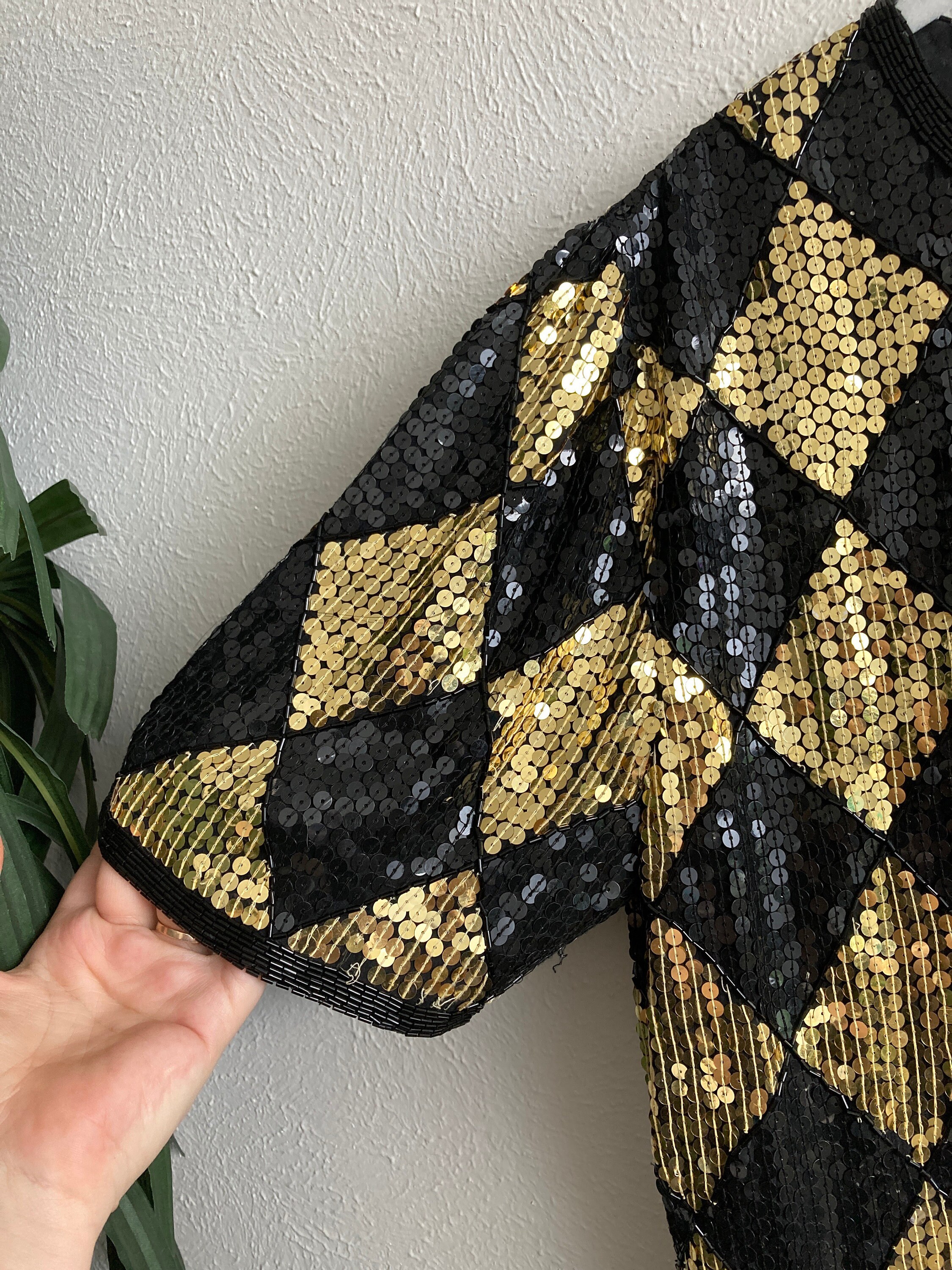 black and gold diamond sequin dress Feeling the Love Black & Gold Diamond Pattern Sequin Fringe Dress