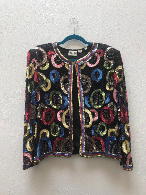 Large vintage sequin cardigan with circle pattern - image 2