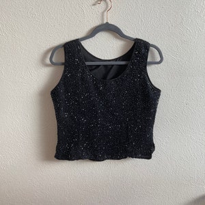 Vintage Black Glass Beaded Sleeveless Top | Timeless Elegance  |  L/XL