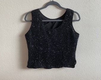 Vintage Black Glass Beaded Sleeveless Top | Timeless Elegance  |  L/XL