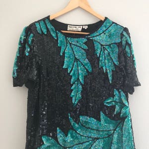 GROSSES Blatt Muster Pailletten Shirt, Vintage Pailletten Top, schwarzes Pailletten Top, Vintage Pailletten Top, Pailletten Shirt