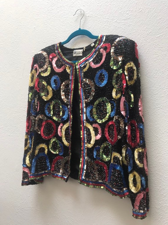 Large vintage sequin cardigan with circle pattern - image 9