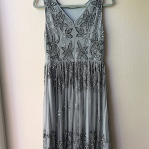 SMALL vintage beaded dress, silver cocktail dress , silver dress , vintage cocktail dress ,
