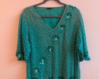 LARGE Vintage Turquoise Green Sequin and Beaded Top and Skirt Combo | Sparkling Elegance