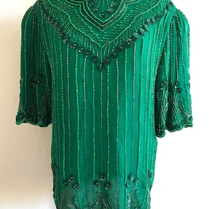 MEDIUM Vintage Emerald Green Beaded Top | Iridescent Sequins, Metallic Glamour