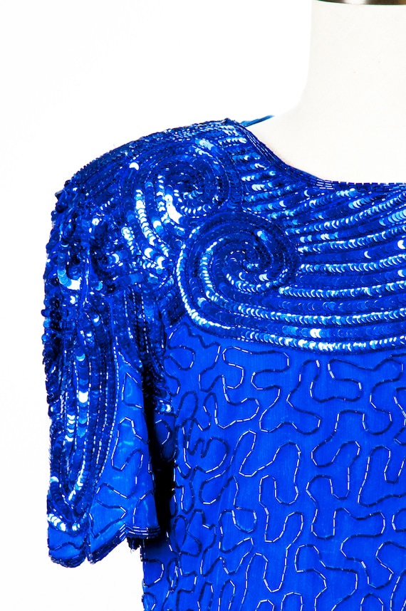 blue swirl vintage sequin dress , fun party dress