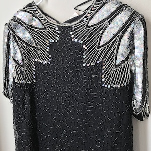 18 Plus size vintage black dress , fun shoulder detail plus size gown, beaded vintage dress