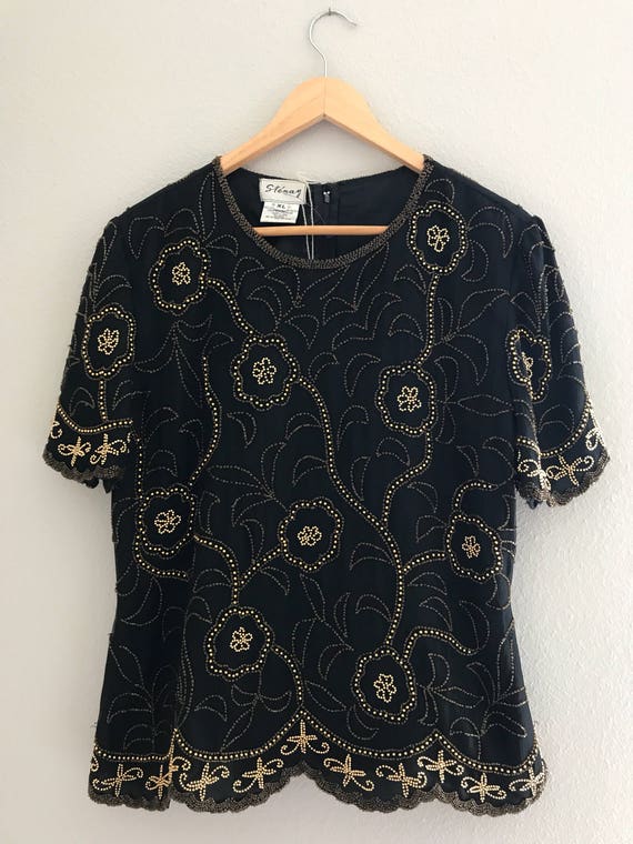 Vintage Sequin Gold Top on Black Silk | Extra Lar… - image 3