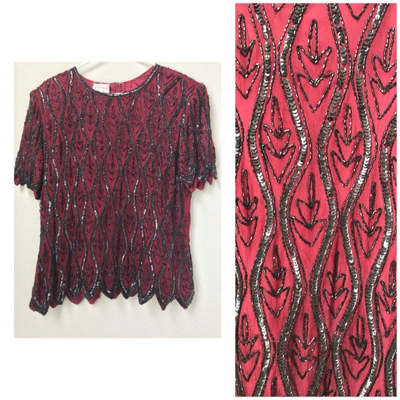 Dark red burgandy wine beaded top , vintage beaded