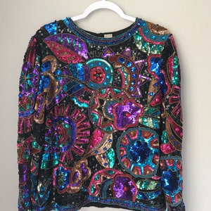 Large vintage beaded long sleeve top, vintage multicolored sequin top