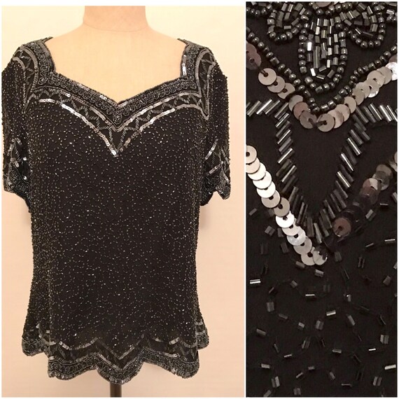 Large black beaded top , vintage black top