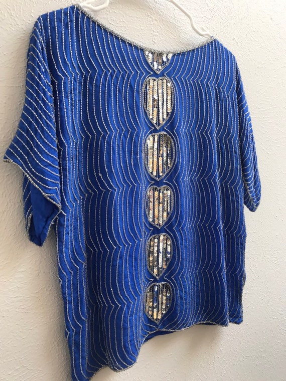 MEDIUM Blue and silver sequin silk top - image 6