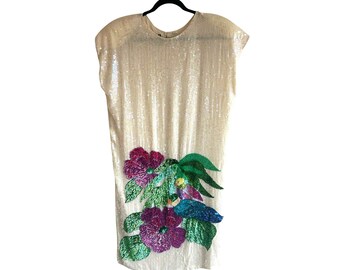 Vintage Sequin Floral & Bird Embellished Dress With Button Back Closure