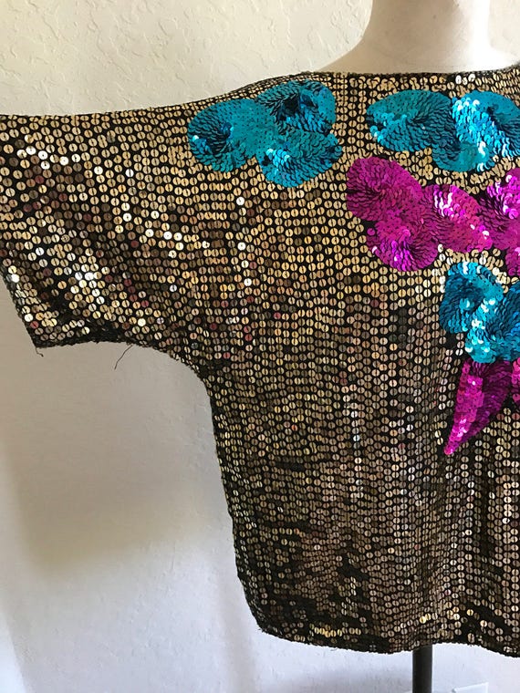 Large gold sequin shirt -pink and blue abstract f… - image 3