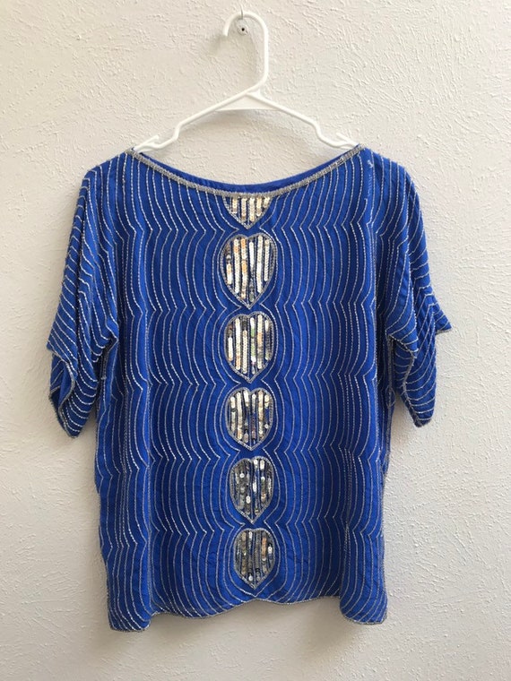 MEDIUM Blue and silver sequin silk top - image 4