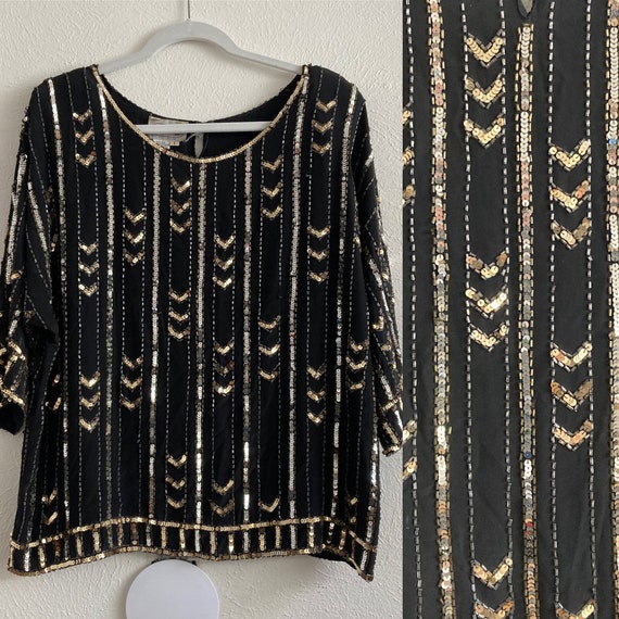 Black and Gold Sequin Top Silk