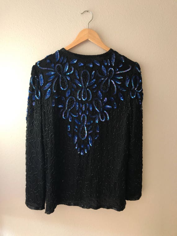 Vintage Black Sequin cardigan Blue Sequin Jacket,… - image 3