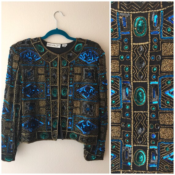 Geometric Beaded jacket , blue beaded jacket , seq