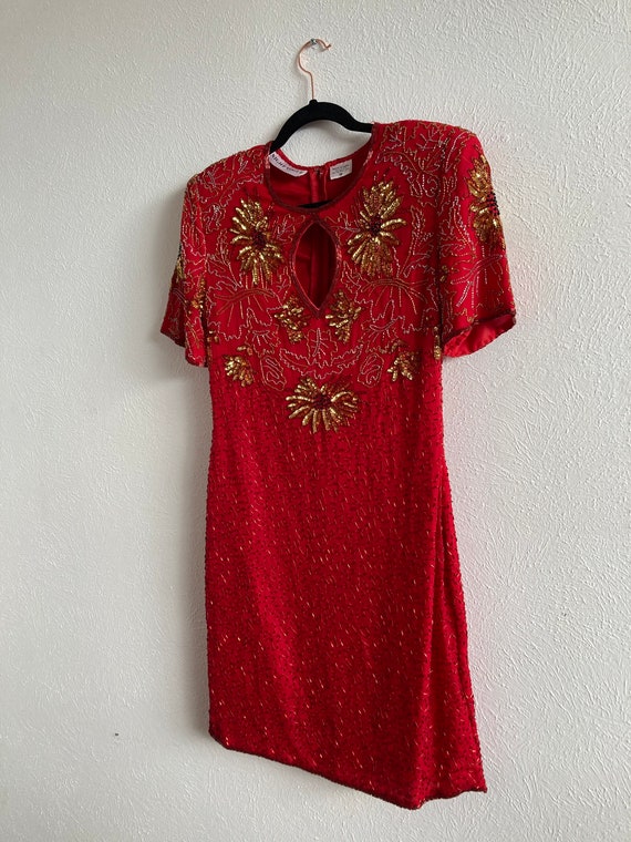 Medium Red keyhole beaded dress with silver and g… - image 3