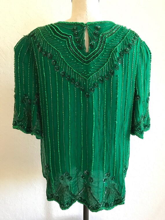 MEDIUM Vintage Emerald Green Beaded Top | Iridesc… - image 4