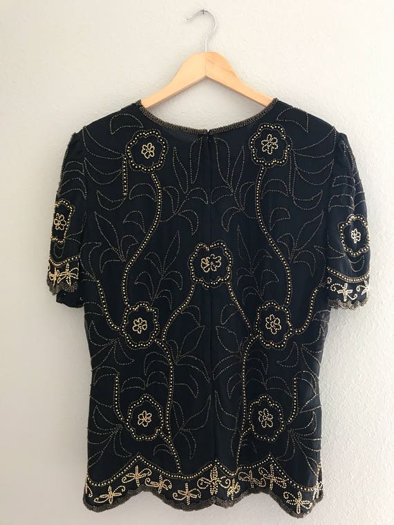 Vintage Sequin Gold Top on Black Silk | Extra Lar… - image 5