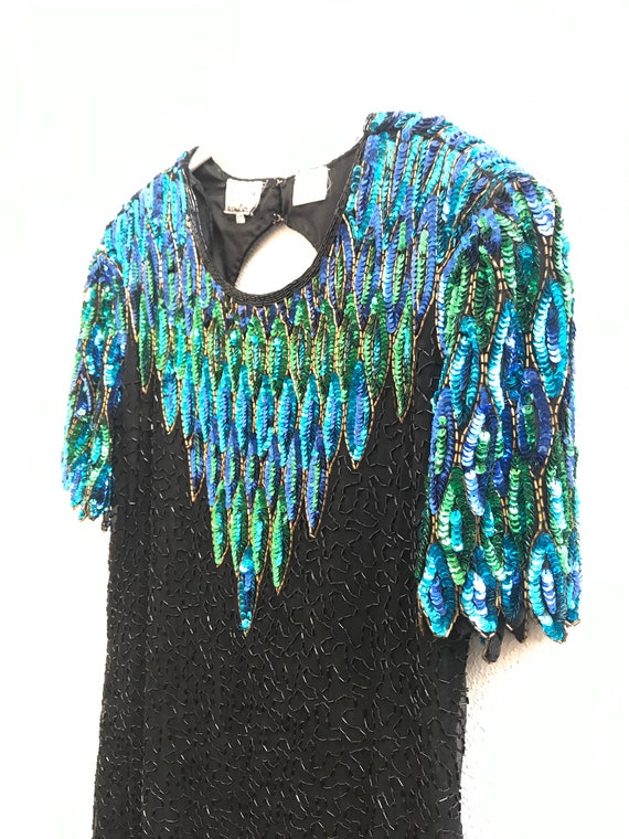 Size 12 Blue and Green Vintage Sequin Dress with … - image 1
