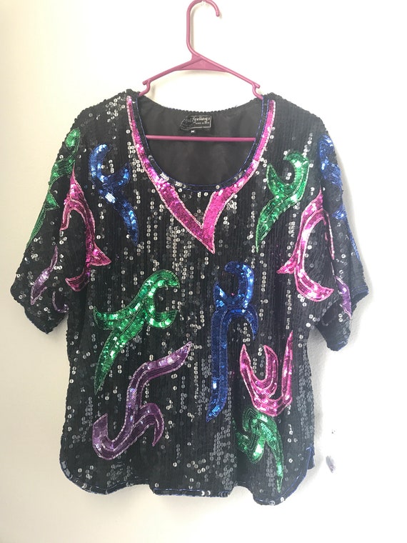 Medium Colorful sequin party top , vintage sequin… - image 10