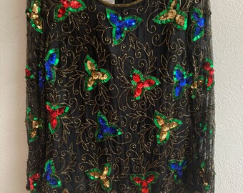 XL Black Beaded Sténay Long Sleeve Blouse