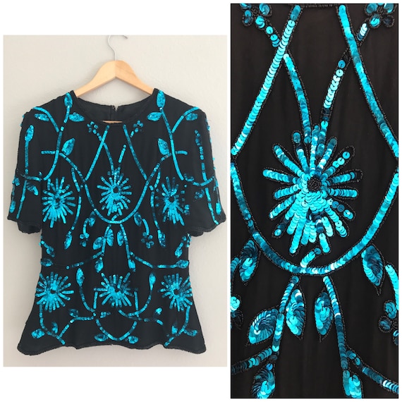 Vintage sequin shirt , black and turqoise vintage