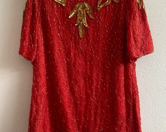 Red Beaded Jakelin Designs Silk Blouse