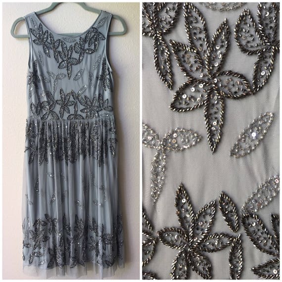 vintage beaded dress, silver cocktail dress , silv