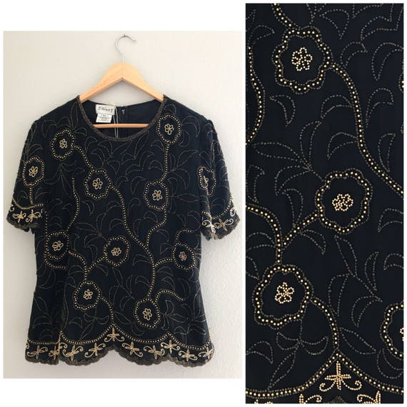 XL Black and gold beaded top, vintage beaded top,