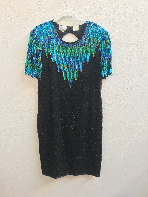 Size 12 Blue and Green Vintage Sequin Dress with … - image 10