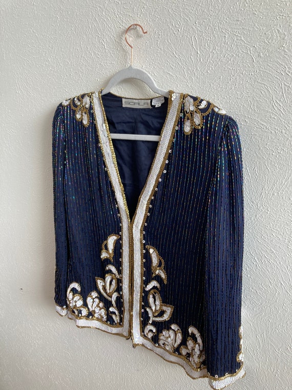 Small Scala sequin jacket size s in blue white an… - image 7