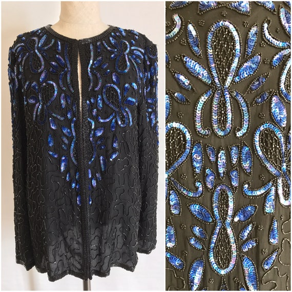 Vintage Black Sequin cardigan Blue Sequin Jacket,… - image 2