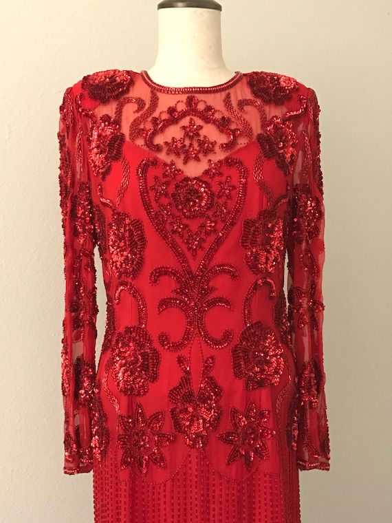 Red Vintage Gown , Scala dress , red beaded gown,