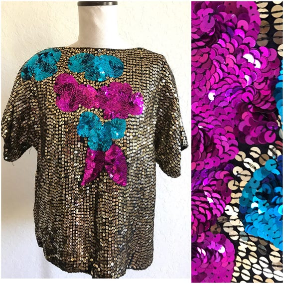 Large gold sequin shirt -pink and blue abstract f… - image 1