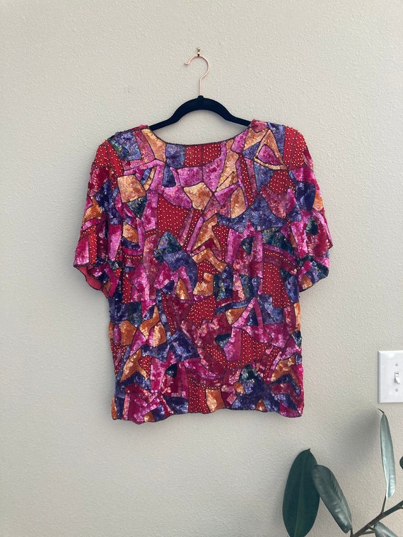 SMALL color locked geometric sequin top | vintage 
