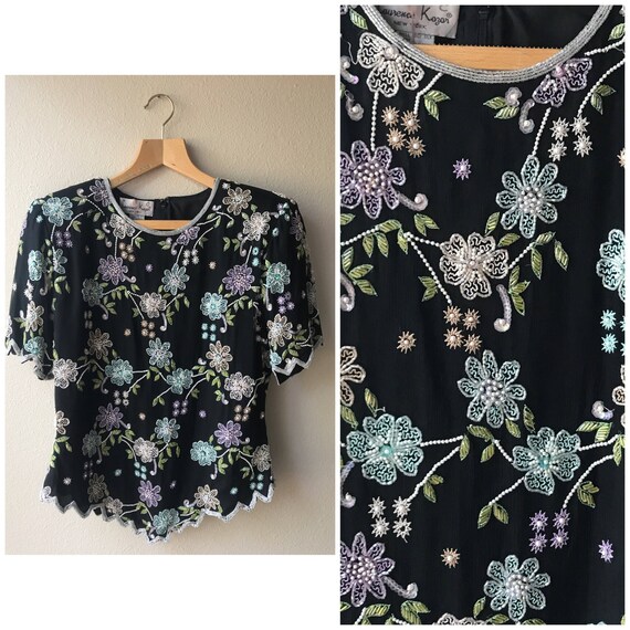 Black beaded shirt, floral beaded top , beaded top