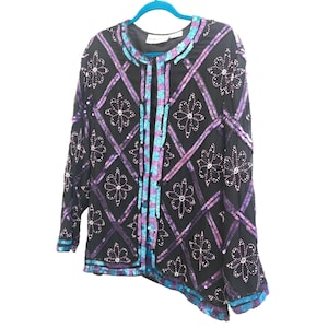 RARE Night Vogue 2X Beaded Sequin Jacket | Purple Teal Black Silk | Vintage 90s Plus Size Glam