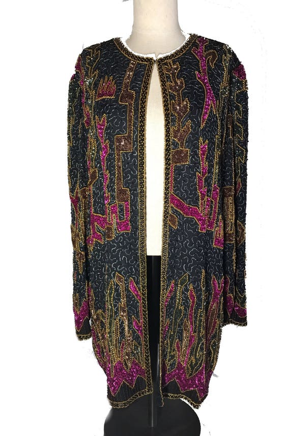 vintage black and red beaded jacket - heavy- handc