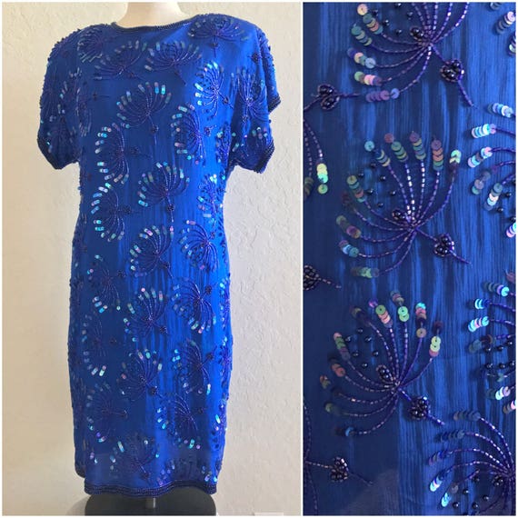 vintage blue sequin beaded dress, blue vintage dre